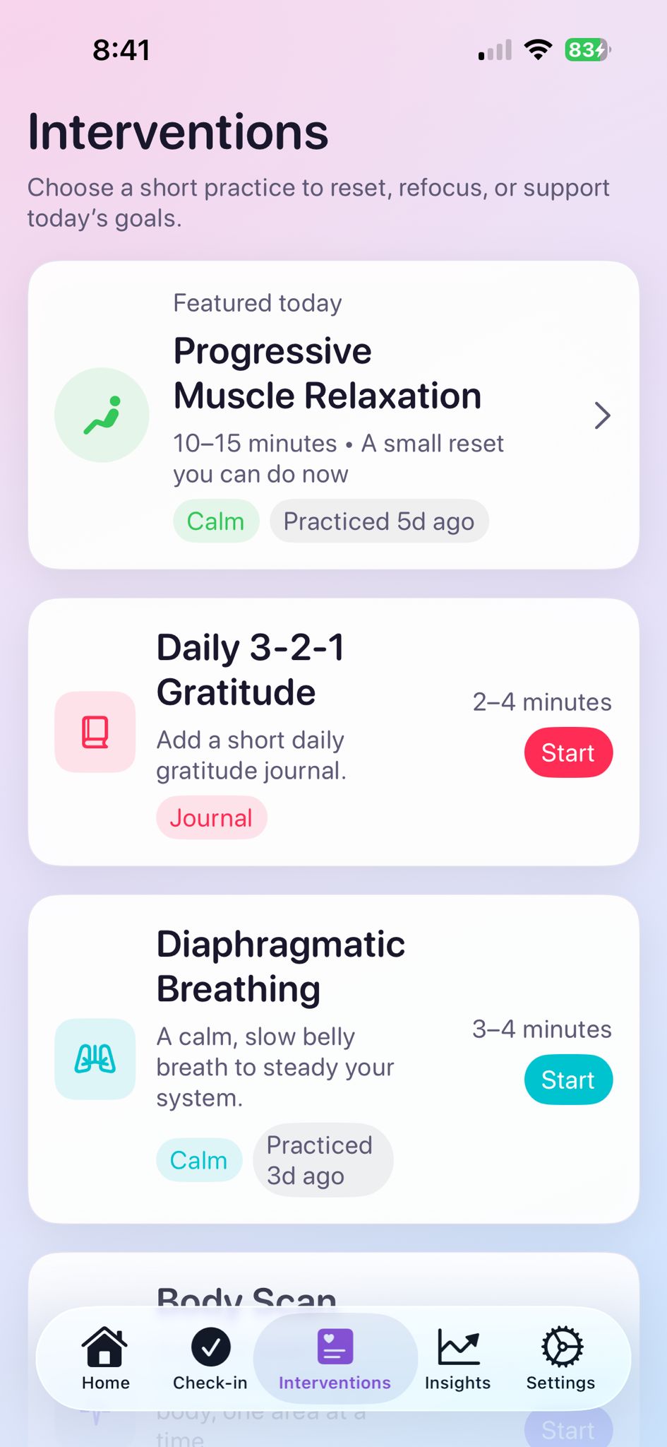 Personalized support interventions screen